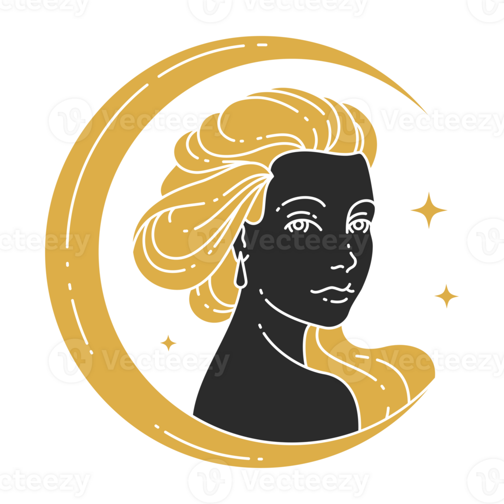 Magic elegant woman portrait with moon crescent silhouette png