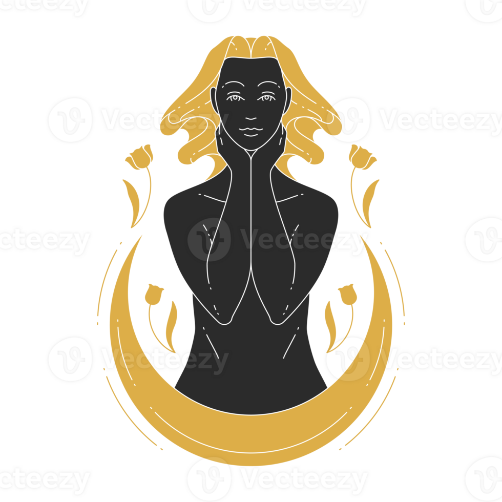 Beauty woman with moon crescent silhouette modern drawing png