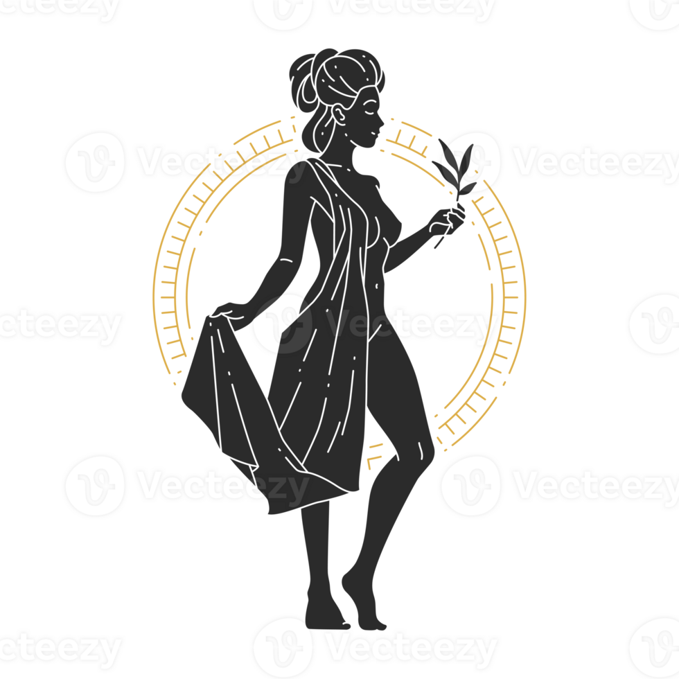 Beautiful bohemian woman goddess with branch and leaves silhouet png