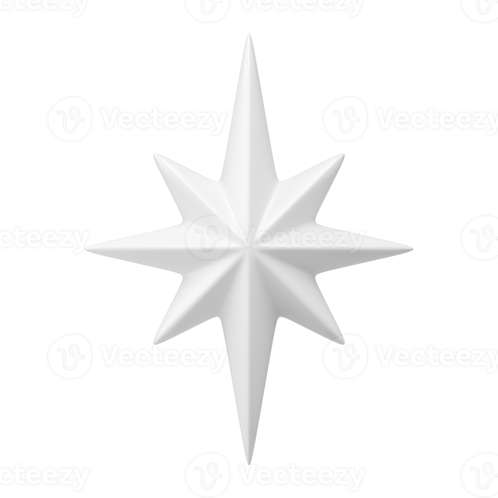 White stylized polar star 3d. Colorful symbol of holiday with outstretched rays png