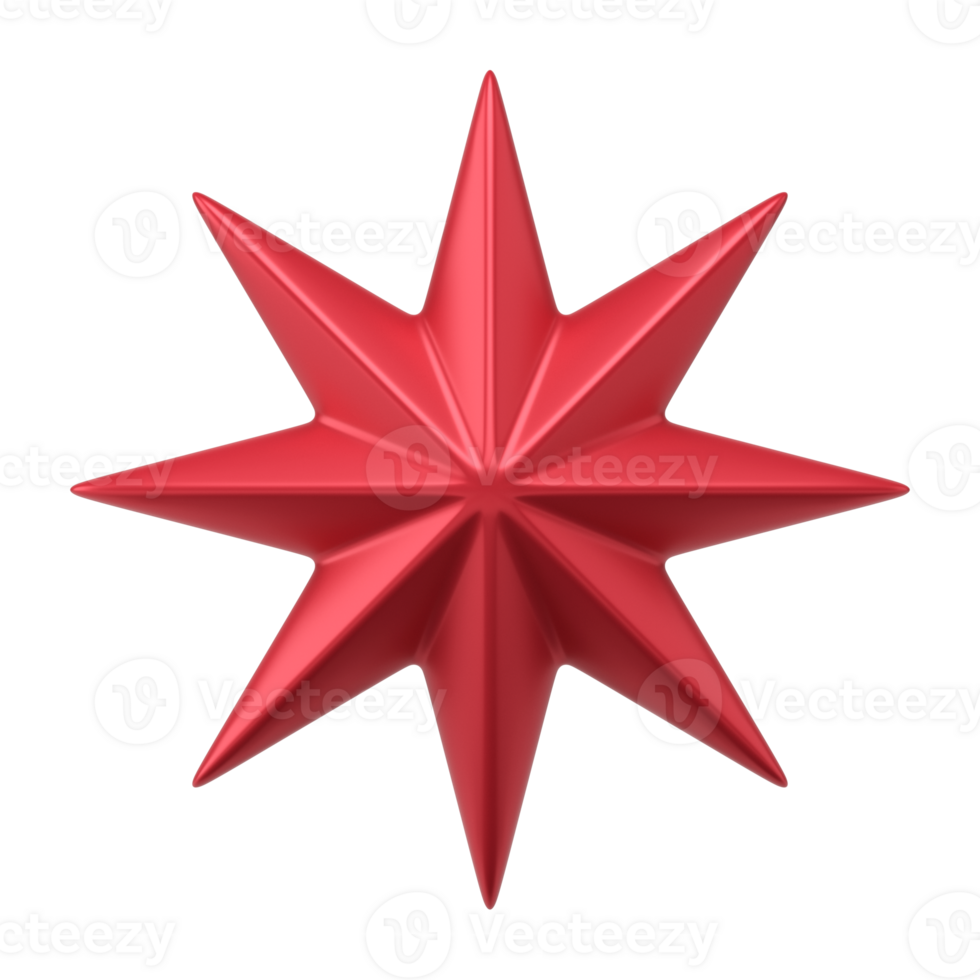 Eight pointed christmas red 3d star. Glitter new year and trendy interior png