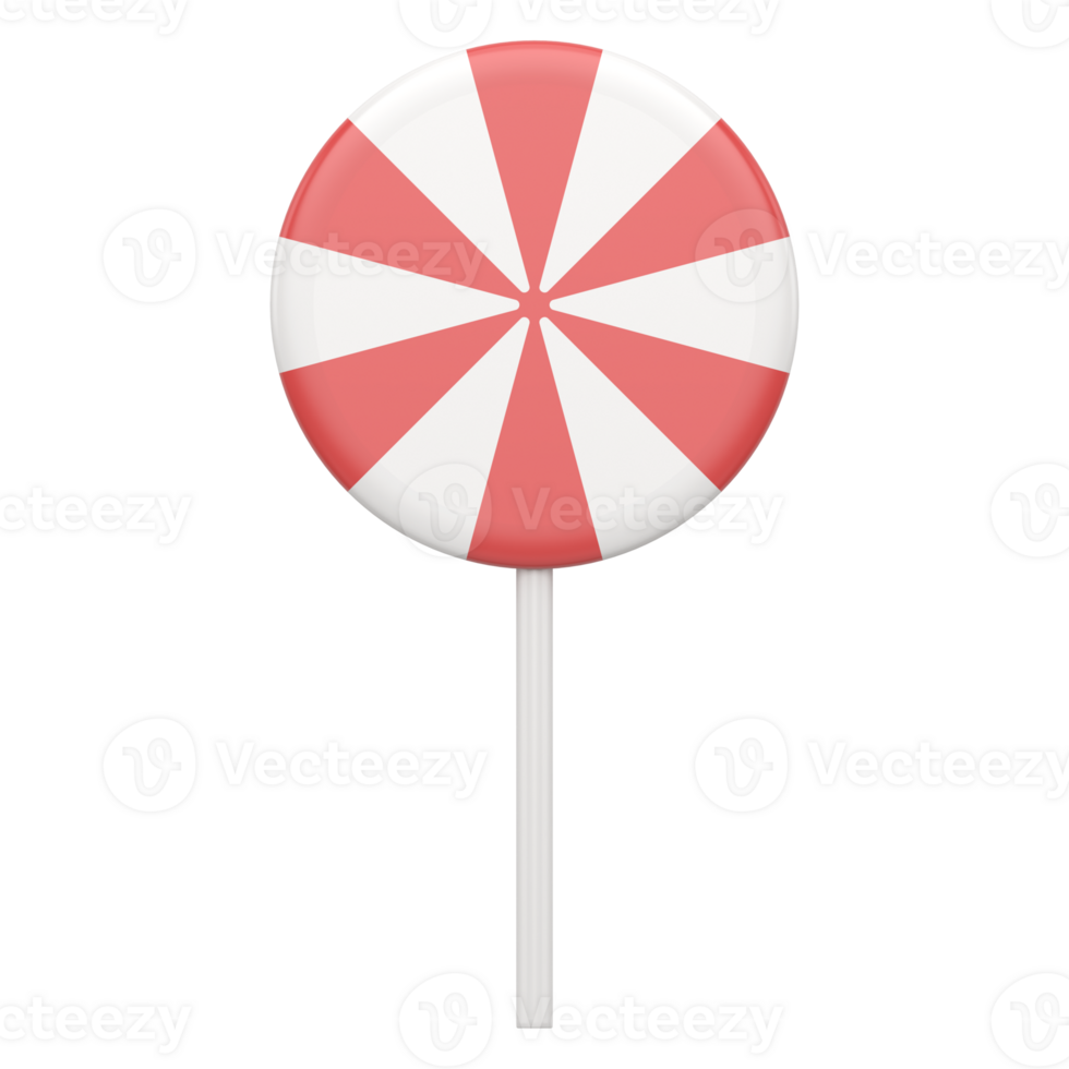 Holiday striped lollipop 3d. Red round caramel with white sugar layers png
