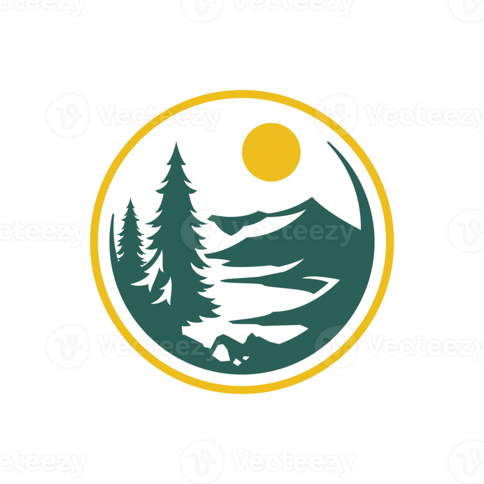 Forest camping mountain landscape in round frame hand drawn silhouette illustration for vintage logo design png