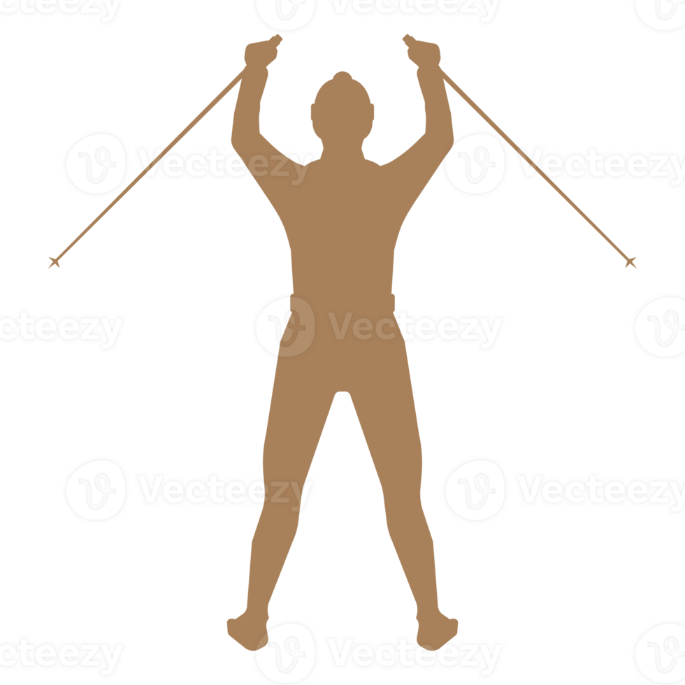 Hiker lifted up walking sticks hand drawn silhouette illustration for retro logo design png