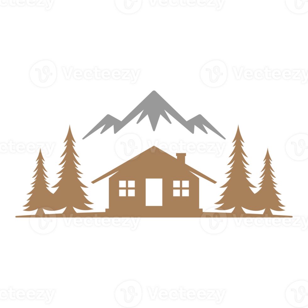 Forest camping landscape with mountains and cabin hand drawn silhouette illustration for retro logo design png