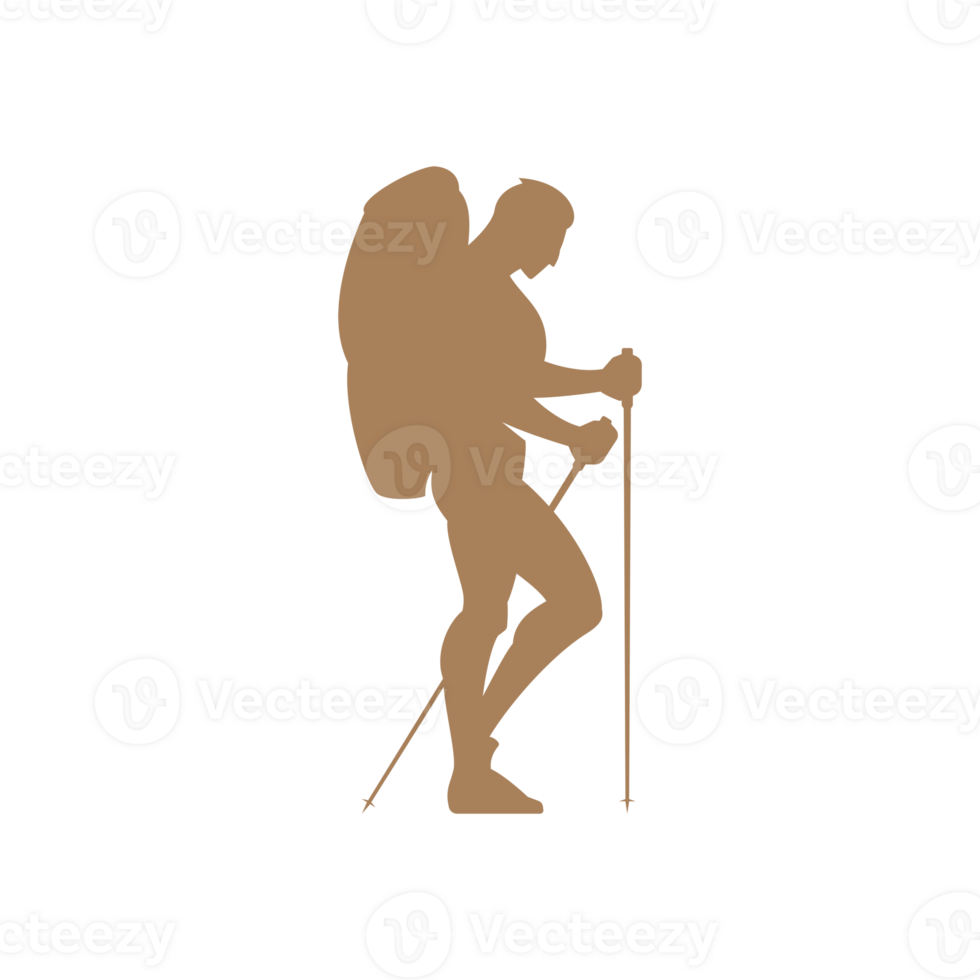 Hiker or backpacker walking with sticks hand drawn silhouette illustration for retro logo design png