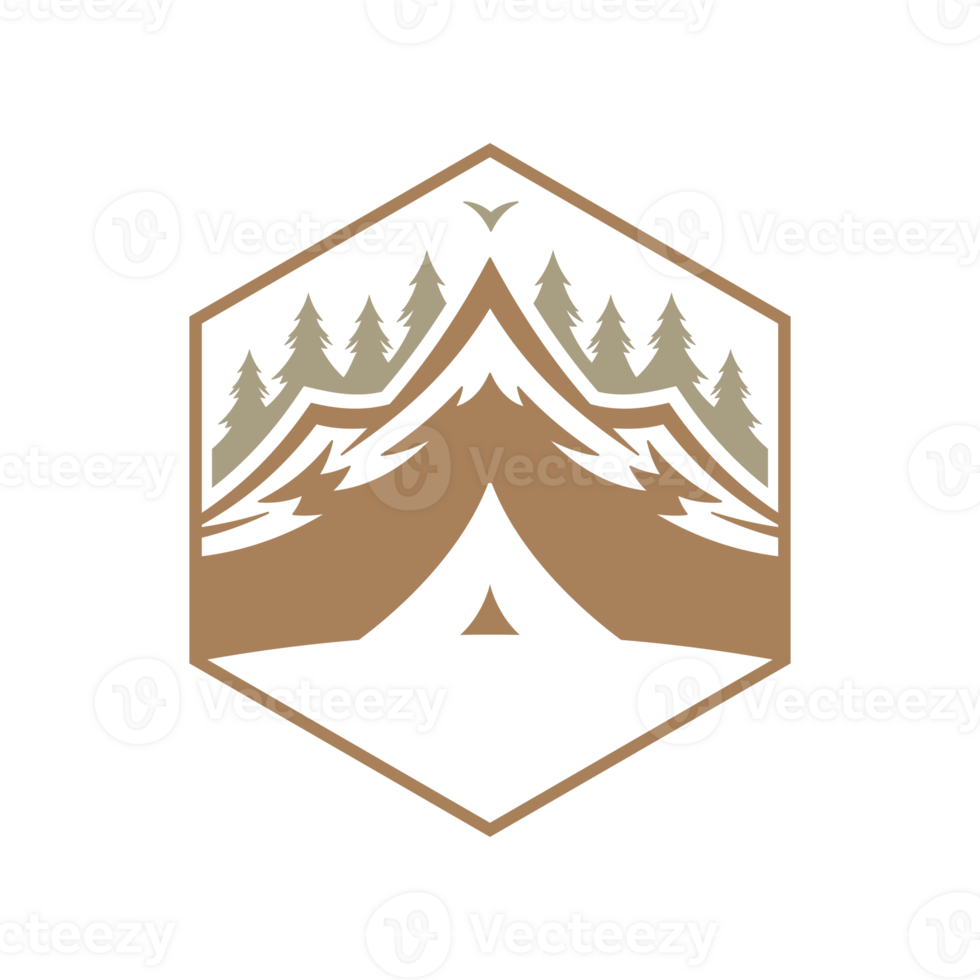 Mountains landscape with campsite hand drawn silhouette illustration for retro logo design png