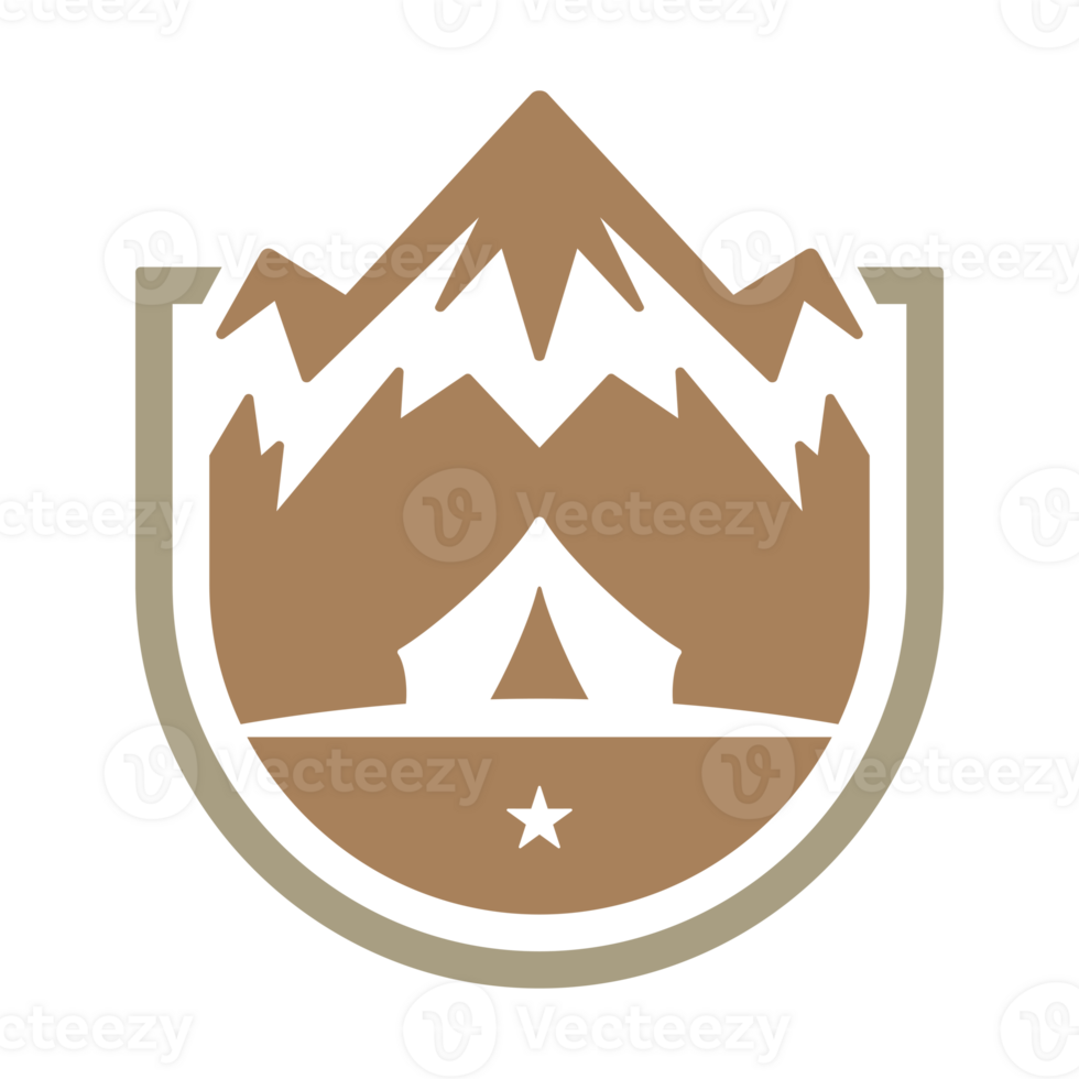 Mountains landscape with campsite hand drawn silhouette illustration for retro logo design png