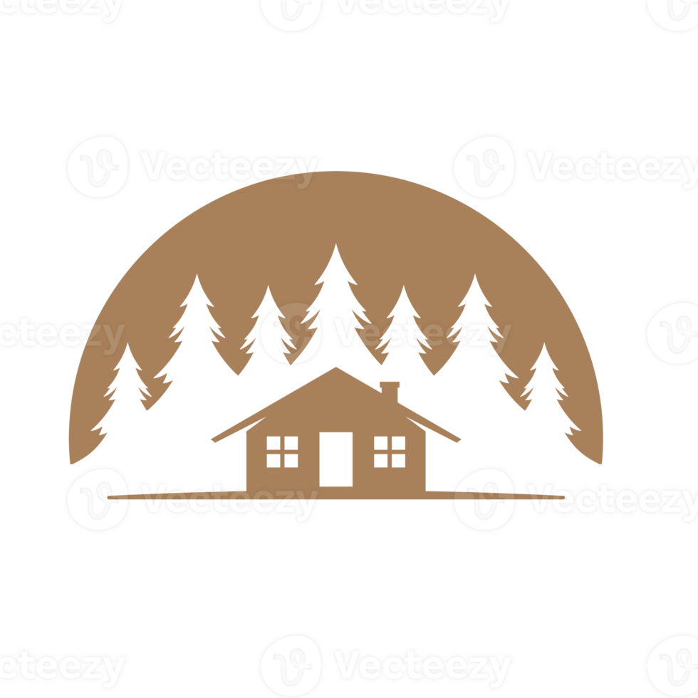 Forest camping landscape with cabin hand drawn silhouette illustration for retro logo design png