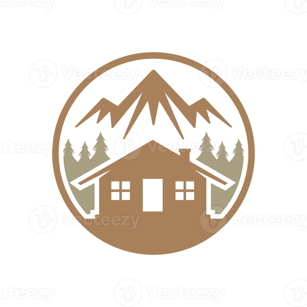 Forest camping landscape with mountains and cabin in round frame png