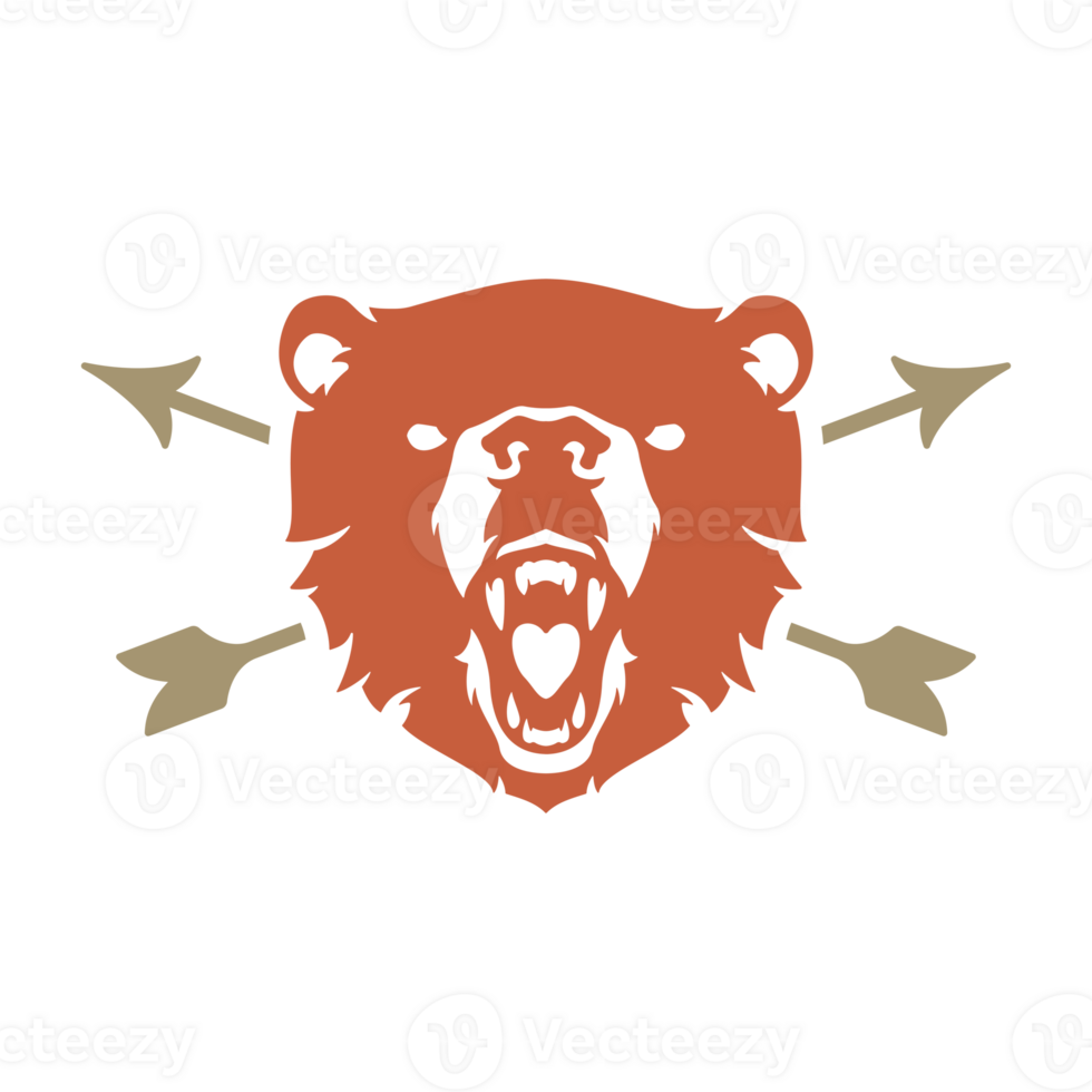 Snarling aggressive bear head with arrows hand drawn silhouette illustration for retro logo design png