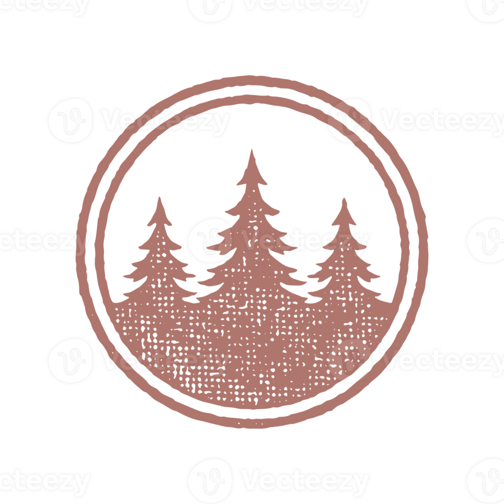 Spruce trees depicted inside circle isolated on white background hand drawn stamp effect vintage illustration png