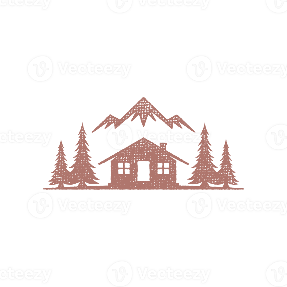 Silhouette shack hut located near coniferous forest and mountain ridge in countryside hand drawn stamp png