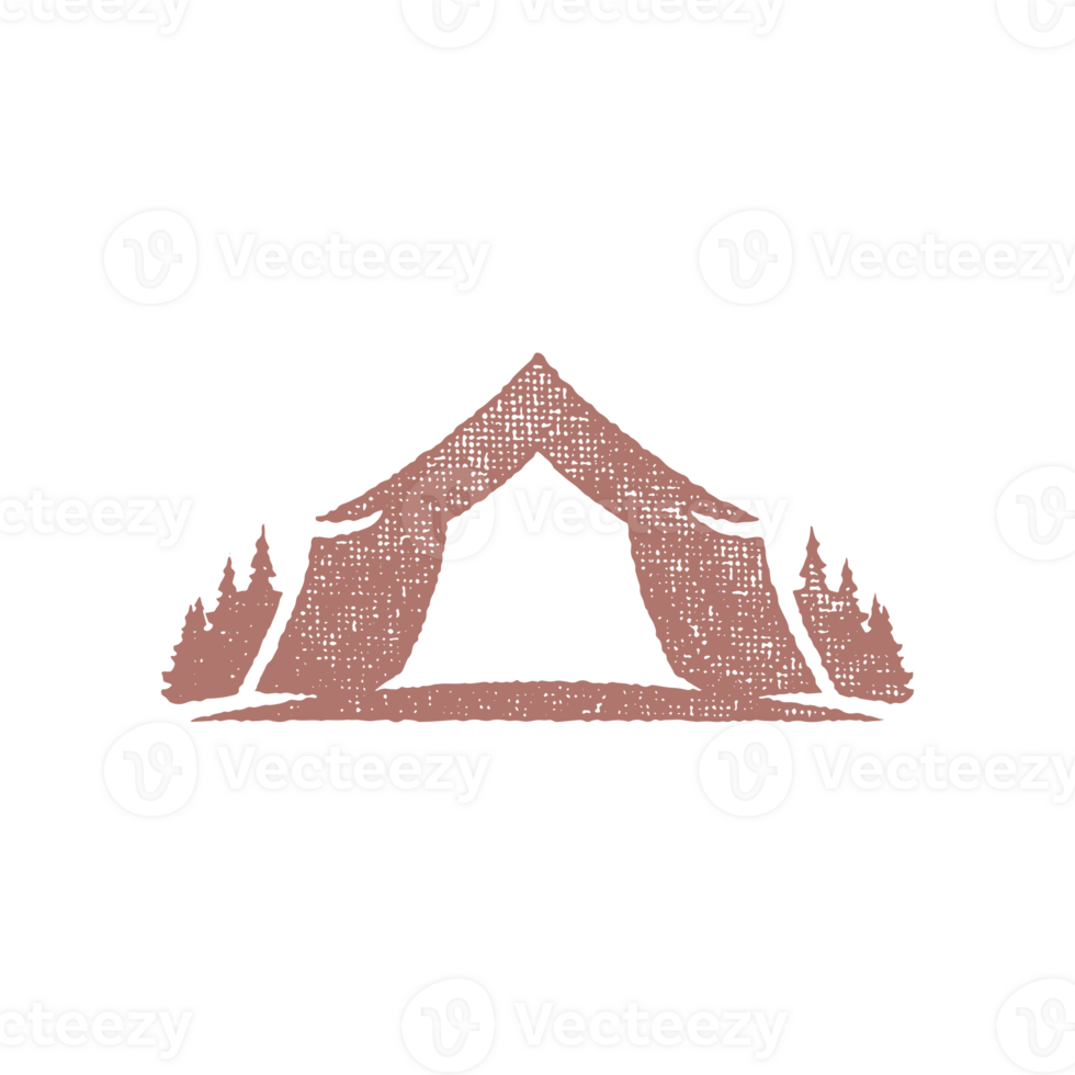 Silhouette of tent located on campsite near coniferous forest in countryside hand drawn stamp effect vintage illustration png