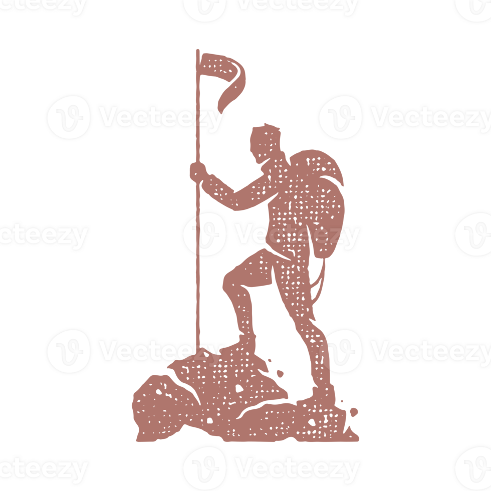 Silhouette traveler conquering mountain hand drawn stamp effect vintage illustration png