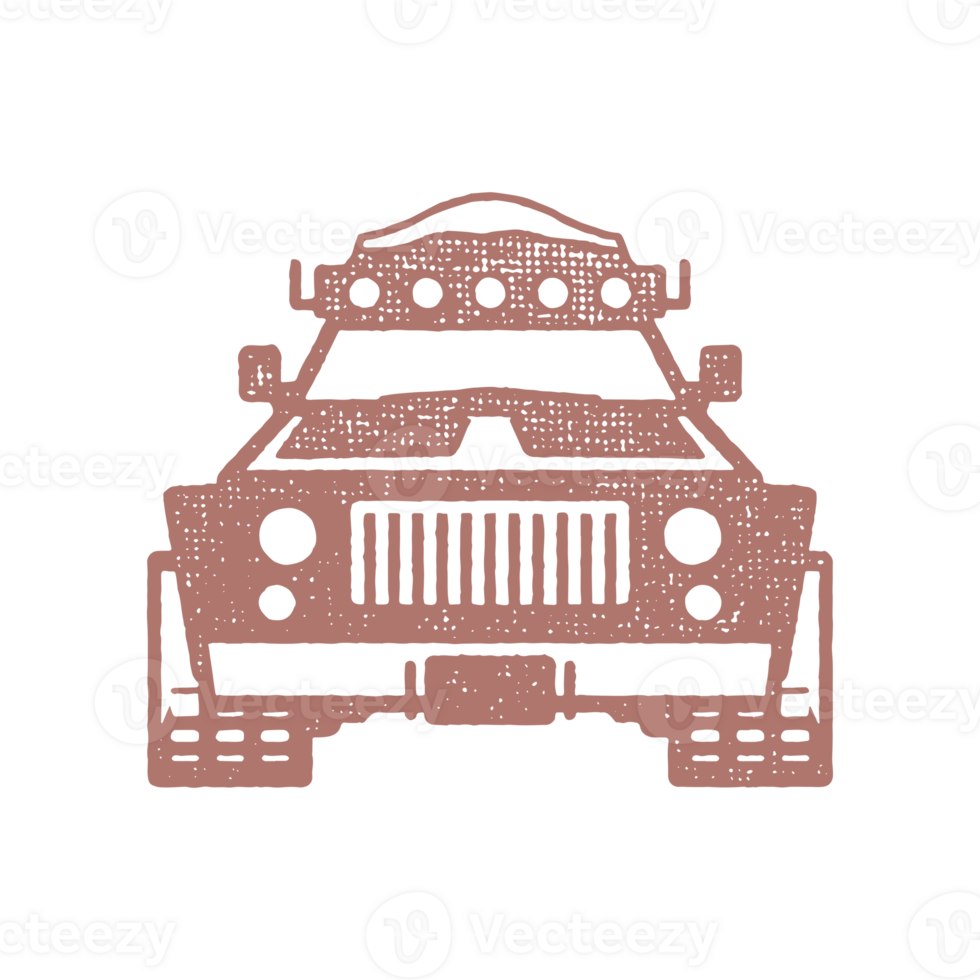 Silhouette of off road car designed as symbol of travel through nature hand drawn stamp effect vintage illustration png