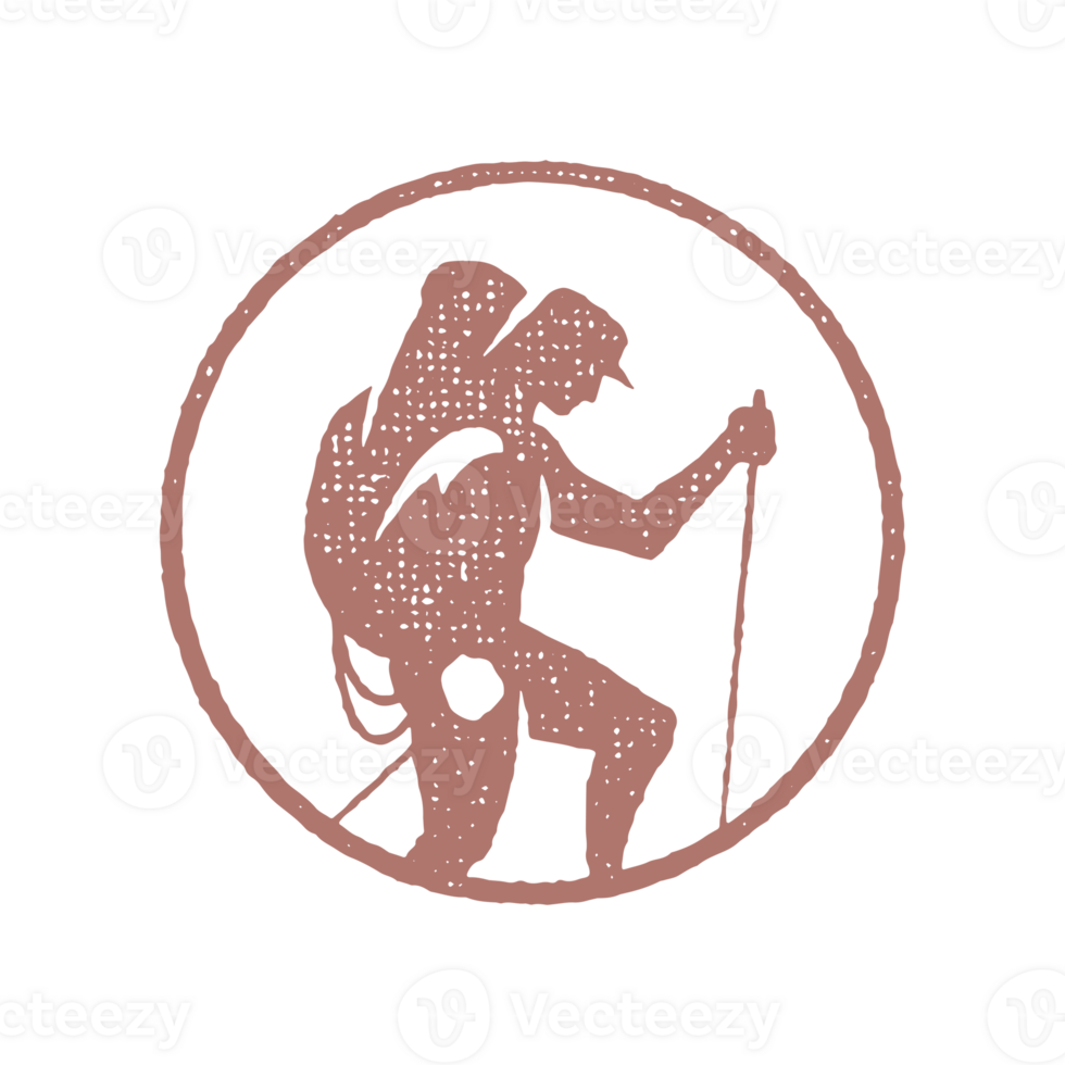 Silhouette of male hiker with backpack and sticks in circle during trip hand drawn stamp effect vintage illustration png