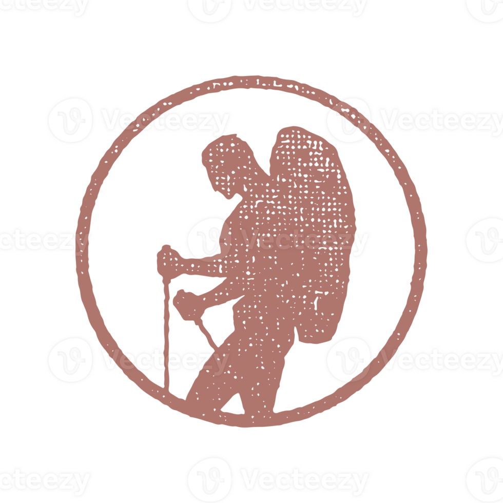 Silhouette male hiker with backpack and sticks in circle during trip hand drawn stamp effect vintage illustration png