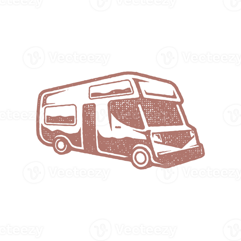 Silhouette of rv trailer for journey in countryside as symbol tourism hand drawn stamp effect vintage illustration png