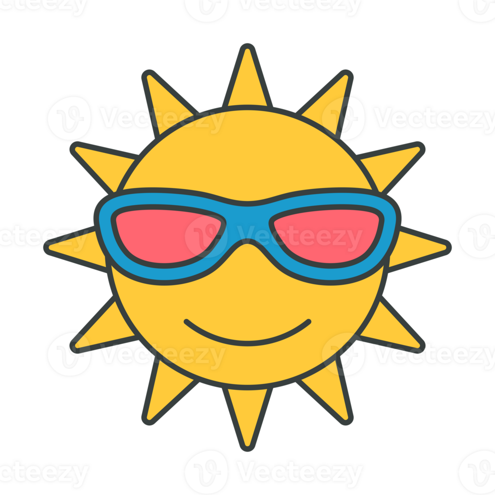 Fashion yellow sun character in sunglasses with beams pop art style t shirt print flat png