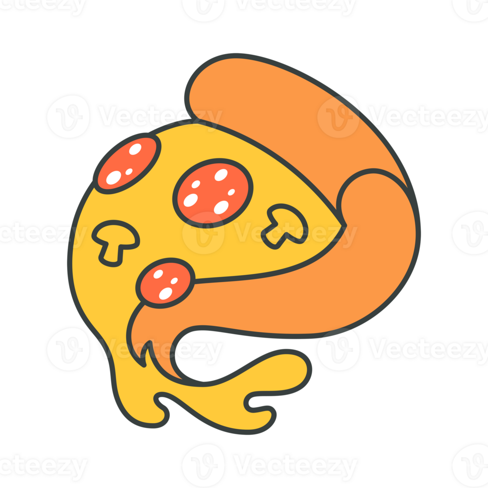 Curved pizza piece with melting cheese sausage and mushrooms groovy pop art cartoon png