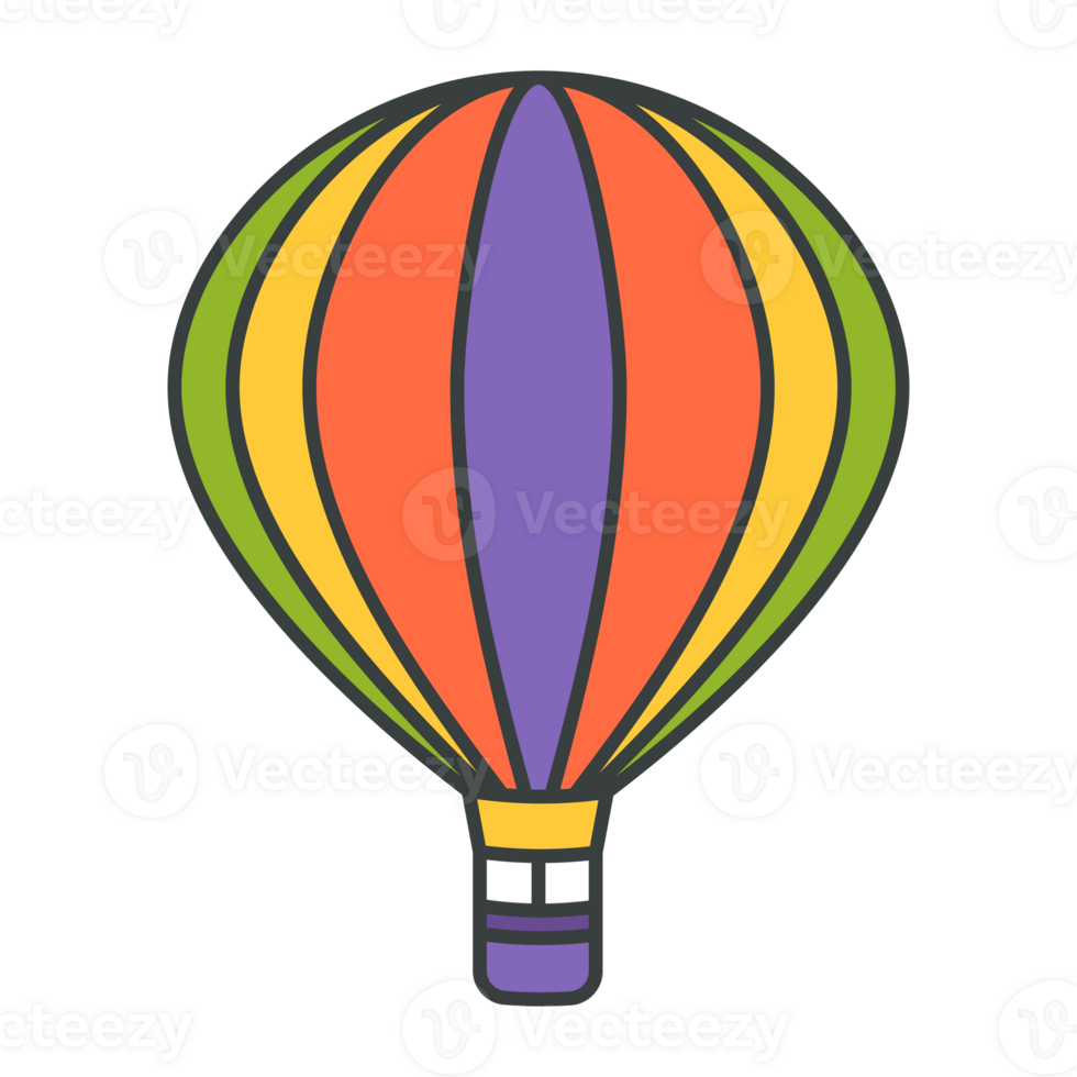Multicolored rainbow hot air balloon basket pop art style groovy decorative design cartoon png