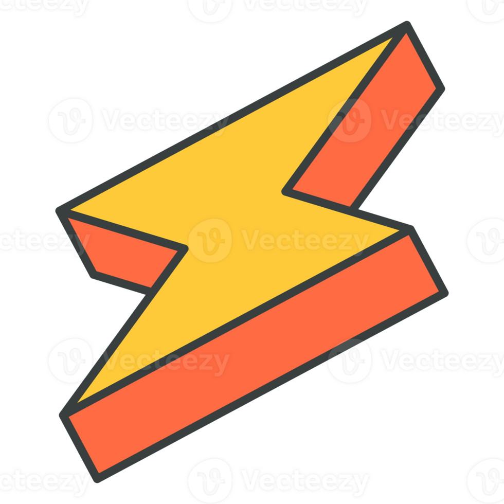 Yellow lightning flash thunderbolt natural explosion pop art groovy style isometric cartoon png