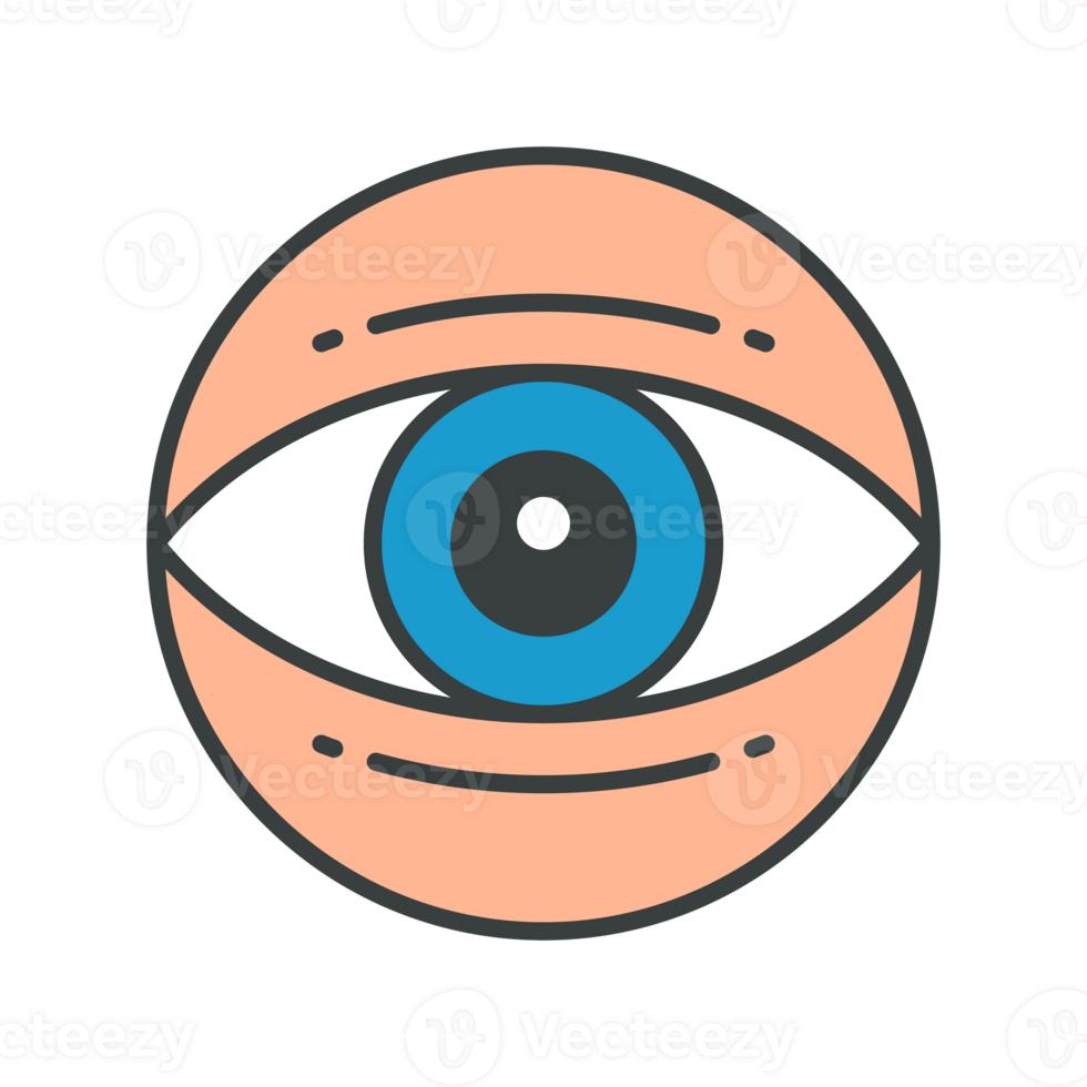 Human eye blue lens with eyeball and eyelids circle pop art sticker groovy contoured cartoon png