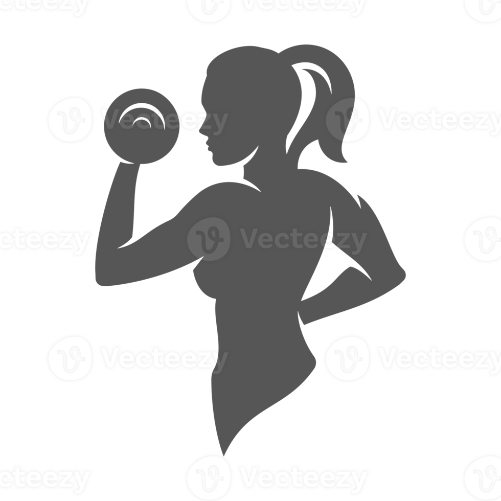 Female bodybuilder lifting dumbbells hand drawn silhouette illustration for vintage logo design png