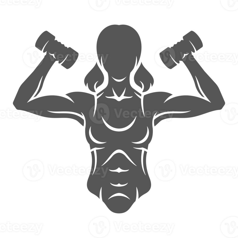 Female bodybuilder lifting dumbbells hand drawn silhouette illustration for vintage logo design png