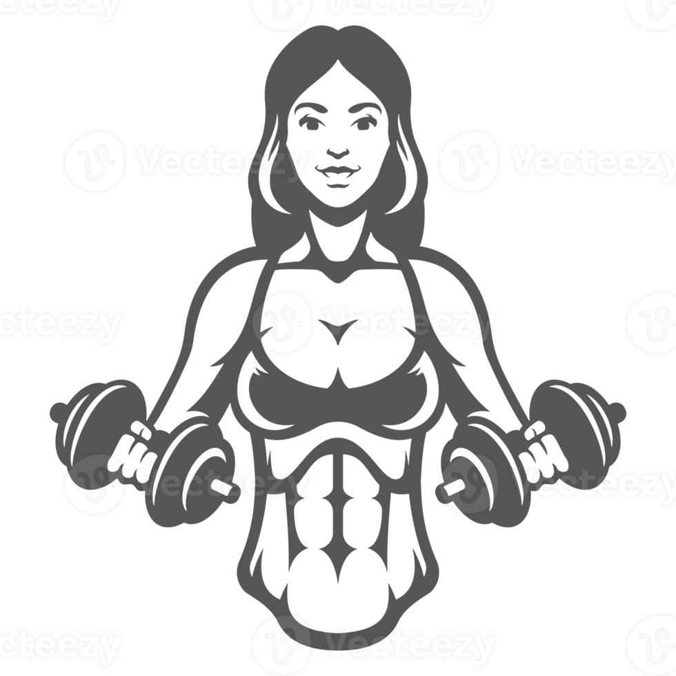 Woman bodybuilder lifting dumbbells hand drawn silhouette illustration for vintage logo design png