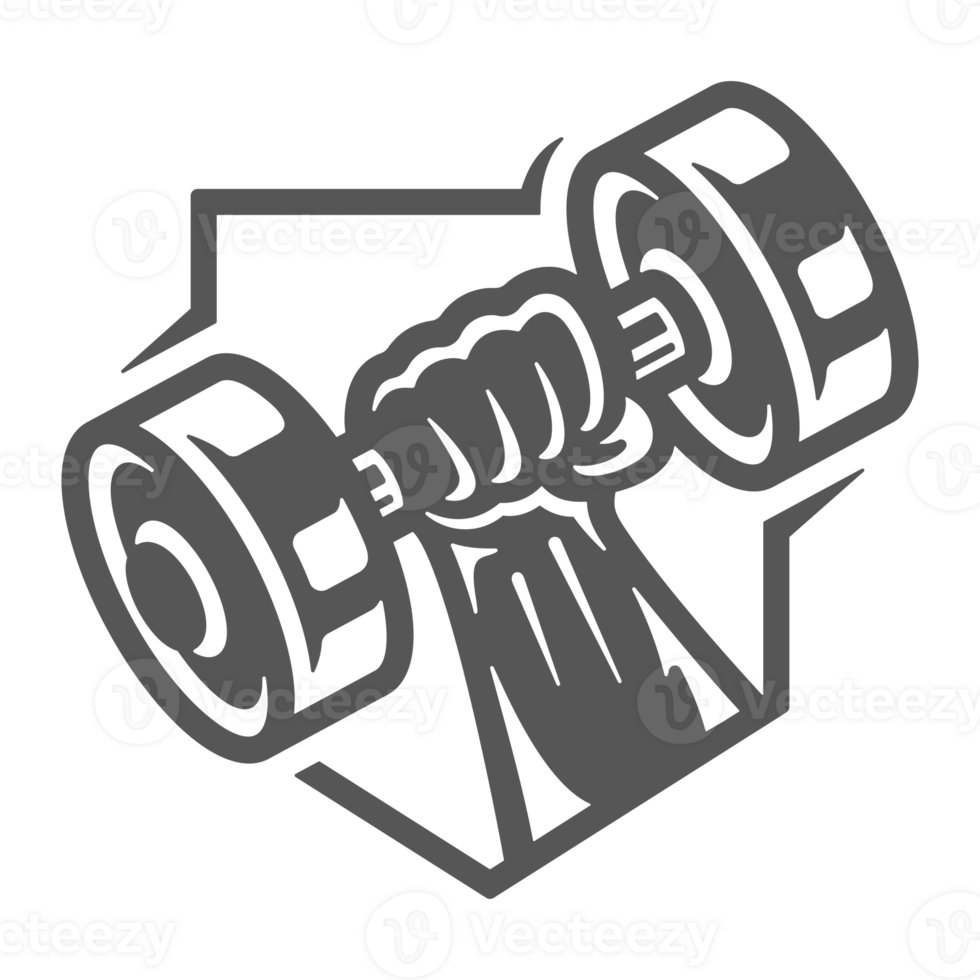 Hand holding dumbbell hand drawn silhouette illustration for vintage logo design png