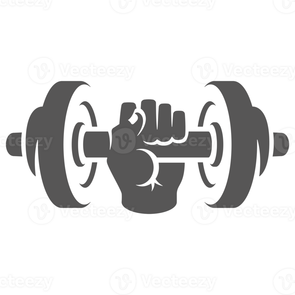 Hand holding dumbbell hand drawn silhouette illustration for vintage logo design png