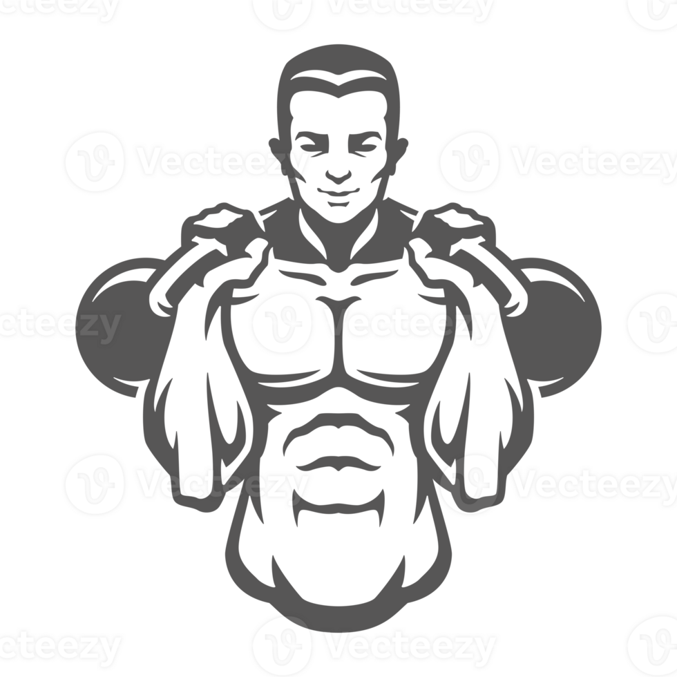 Man bodybuilder lifting kettlebells hand drawn silhouette illustration for vintage logo design png