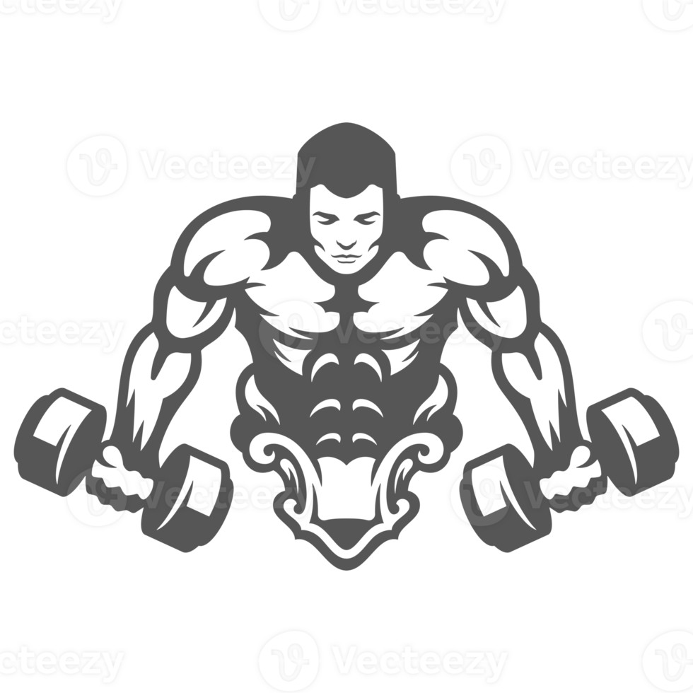 Man bodybuilder lifting dumbbells hand drawn silhouette illustration for vintage logo design png