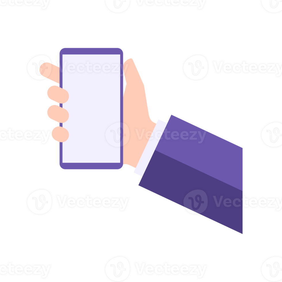 Human hand in suit vertical holding smartphone with empty screen useful application user interface png