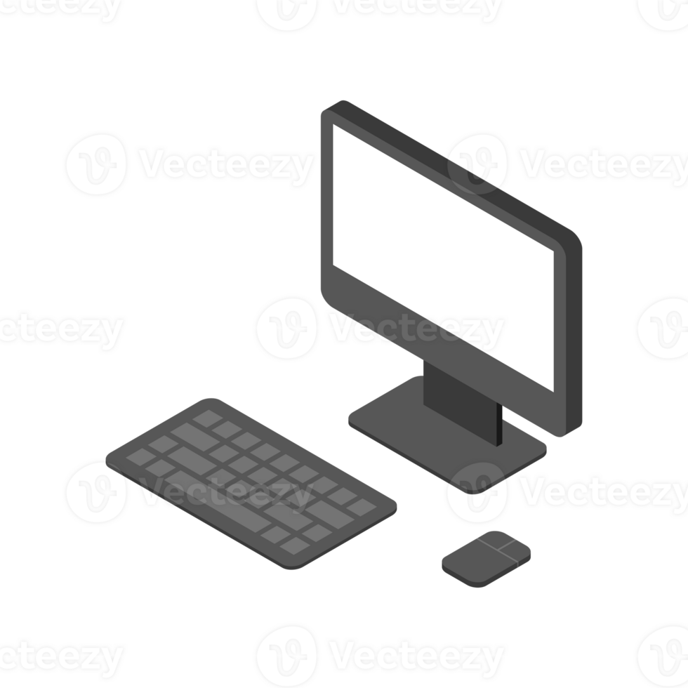 Electronic computer isometric design with keyboard monitor and mouse 3d png