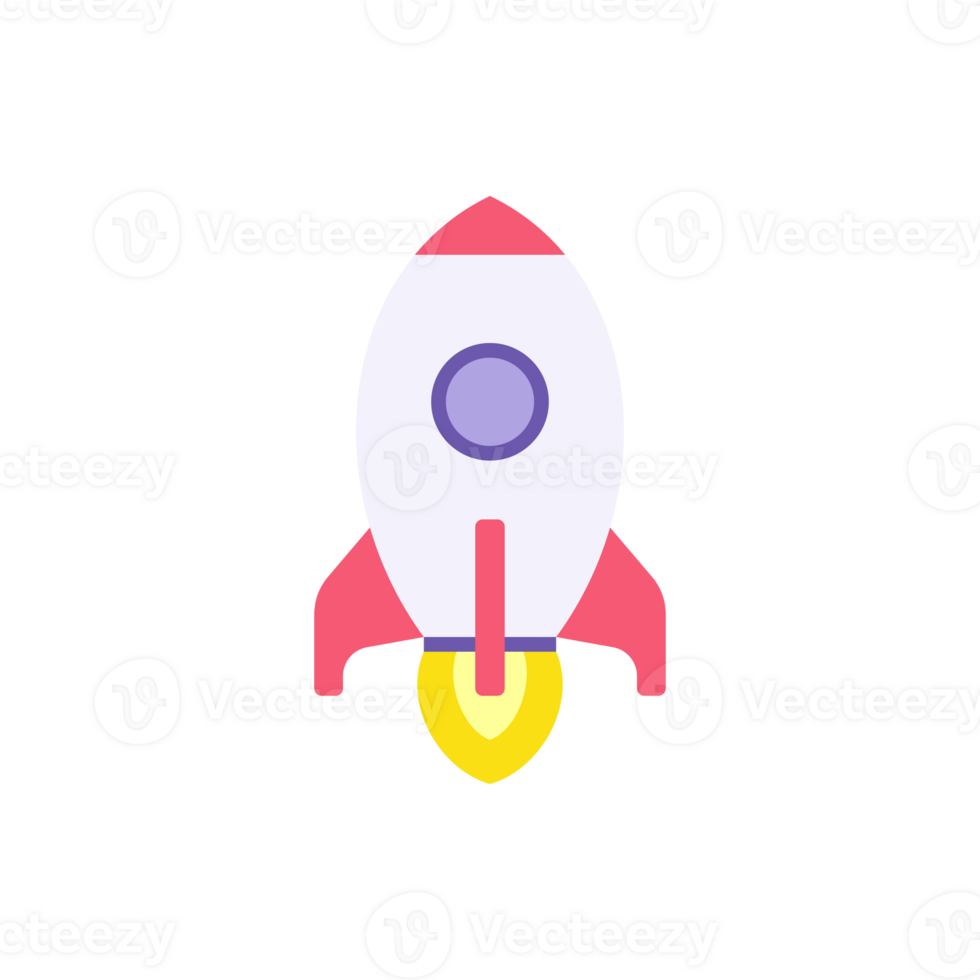 Launch spaceship with burning flame from engine flat illustration. Flying rocket for galaxy png