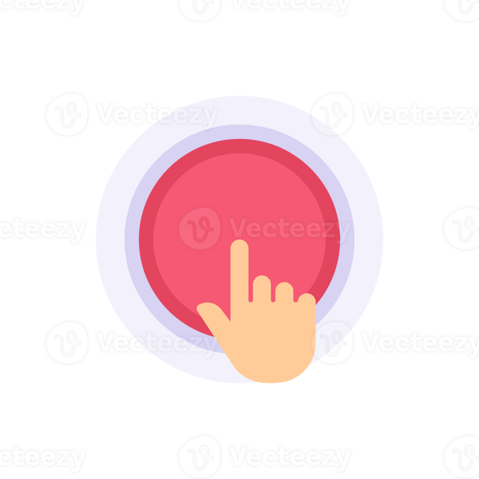 Human hand press on huge circle red button flat illustration. Person finger turn off and on png
