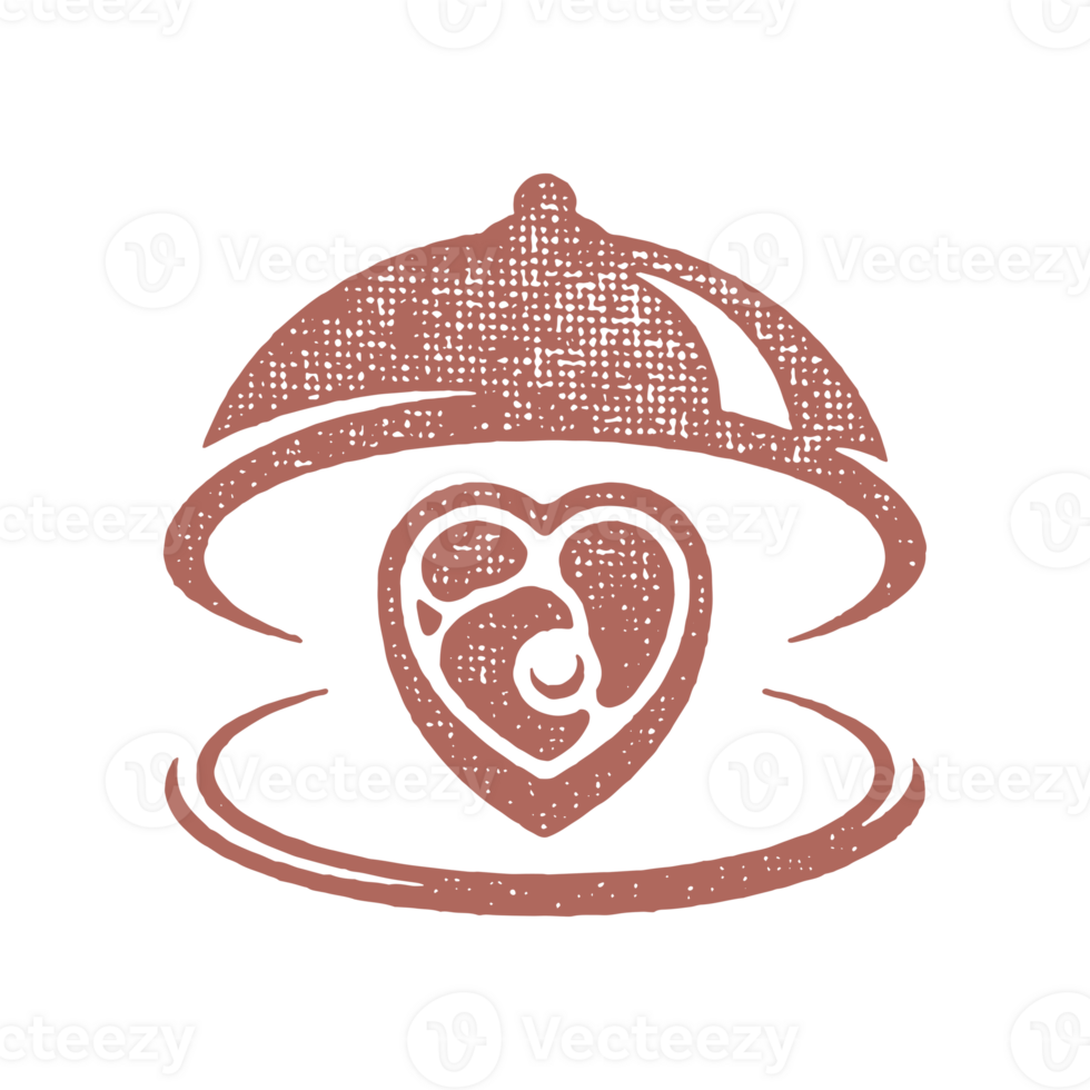 Heart shape beef steak silhouette served on tray with open cloche hand drawn stamp effect illustration png