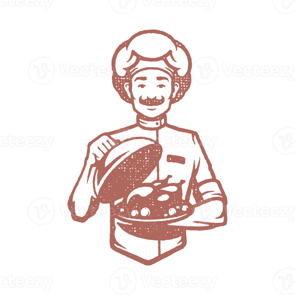 Positive male chef with mustache holding cloche over tray with whole roasted chicken hand drawn stamp png
