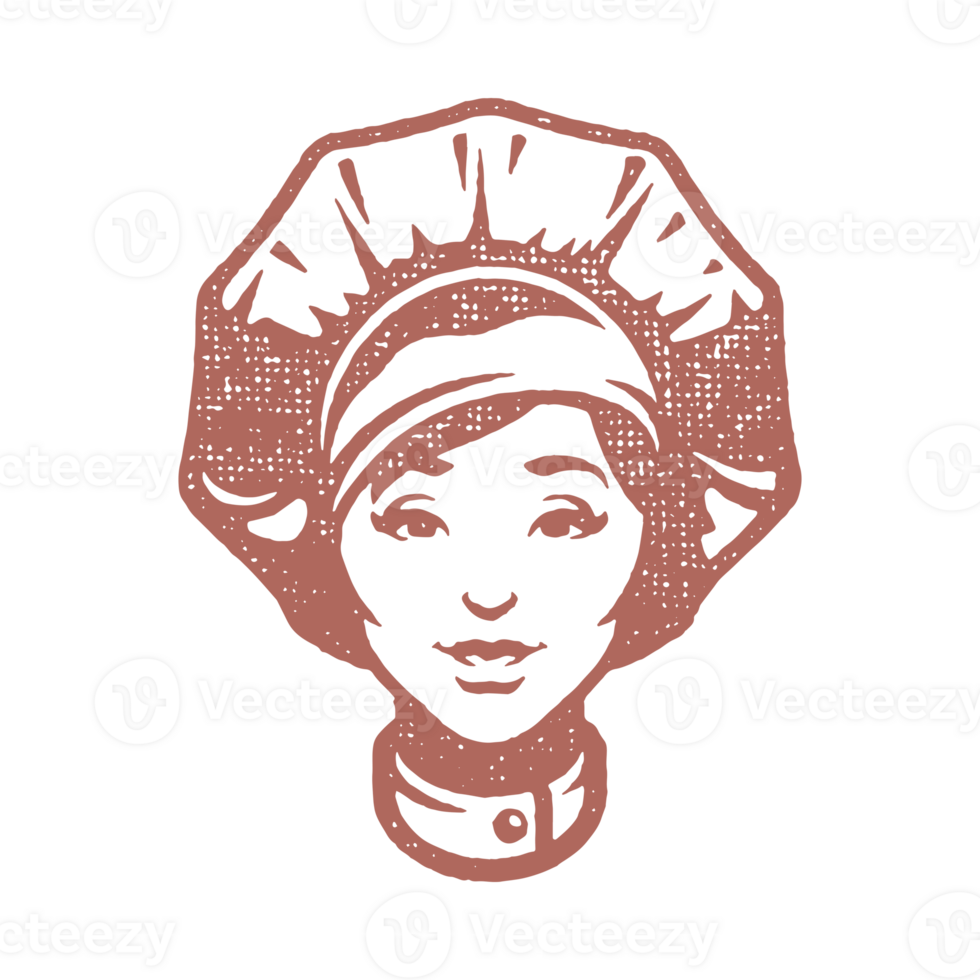 Woman head in traditional chef cap silhouette work in kitchen hand drawn stamp effect illustration png