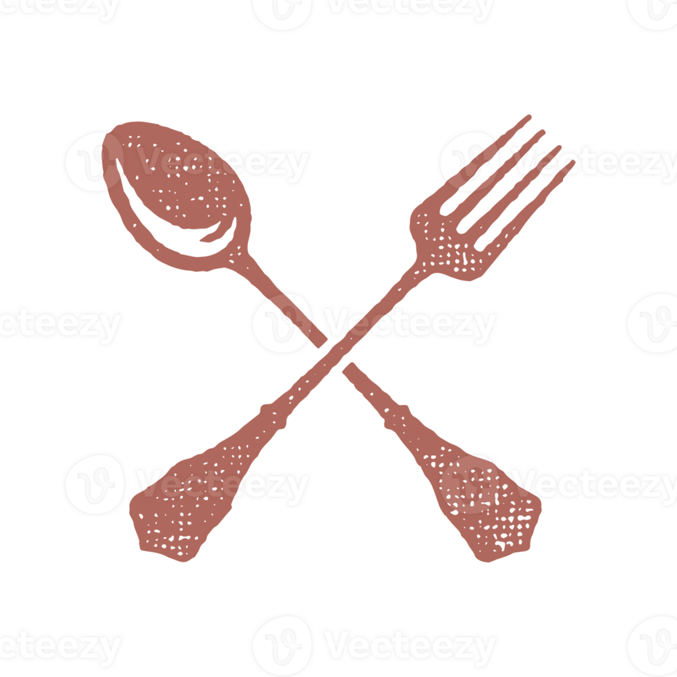 Crossed spoon and fork silhouette for food service hand drawn stamp effect illustration png