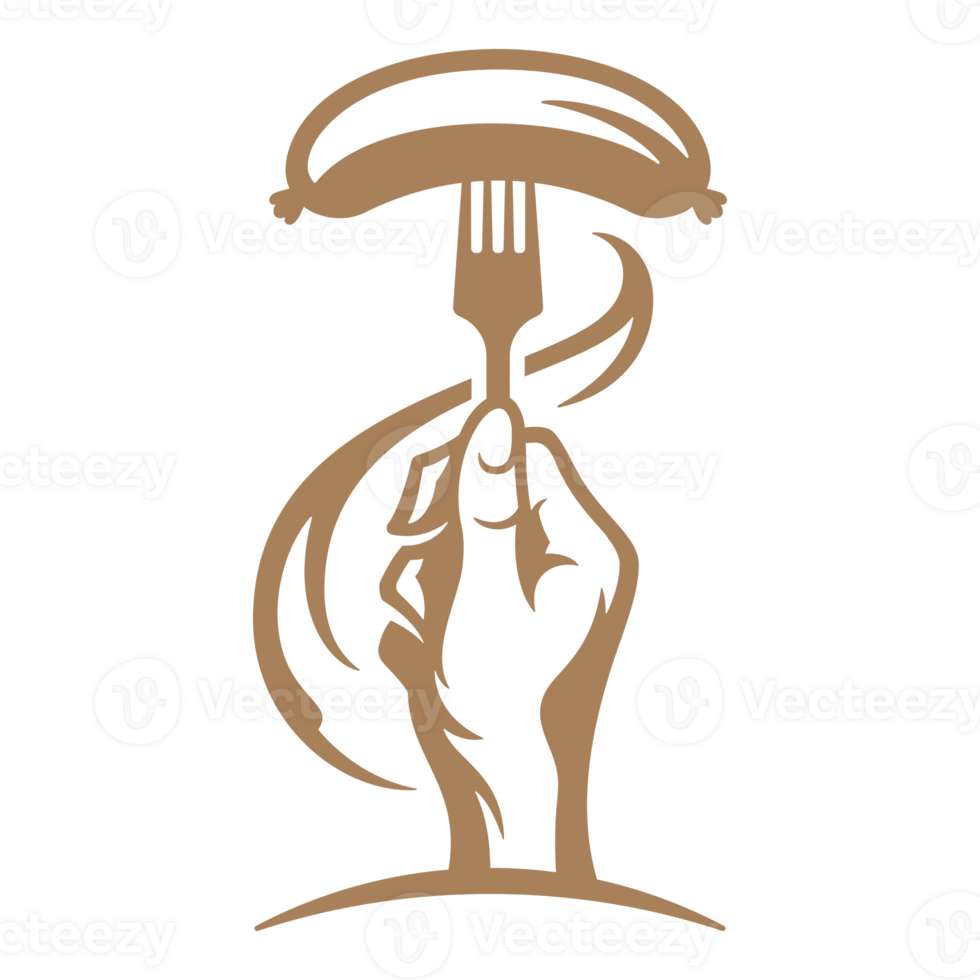 Hand holding fork with grilled sausage silhouette png