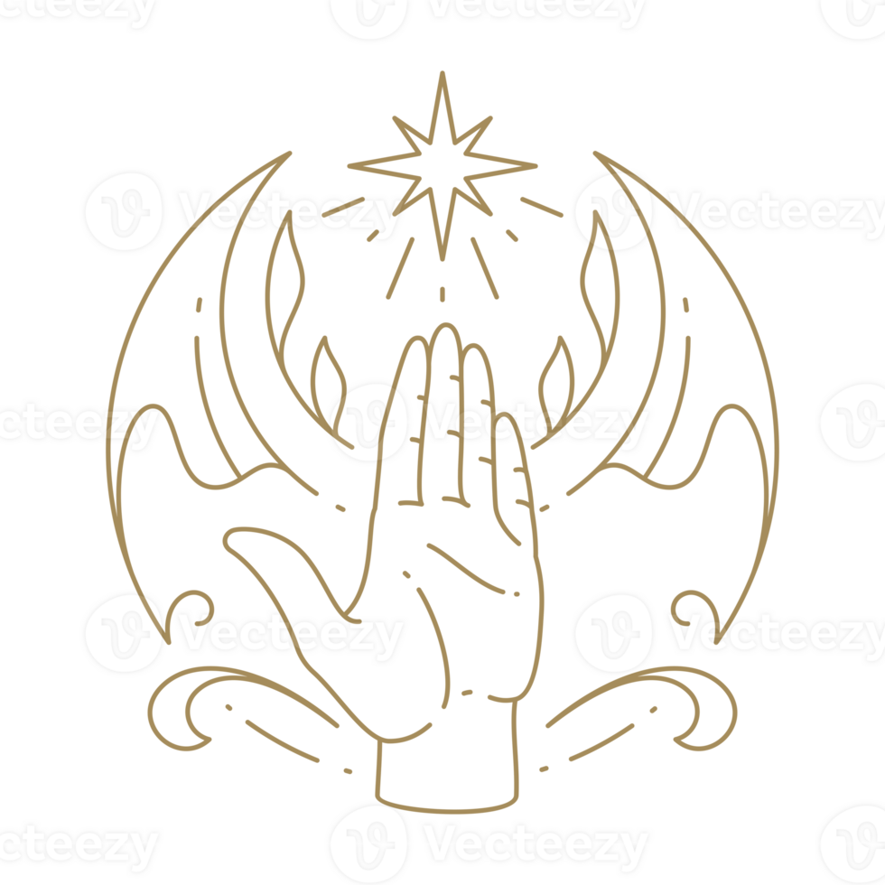 Mythic elegant human palm half moon nature planet esoteric bright star blossom line icon png