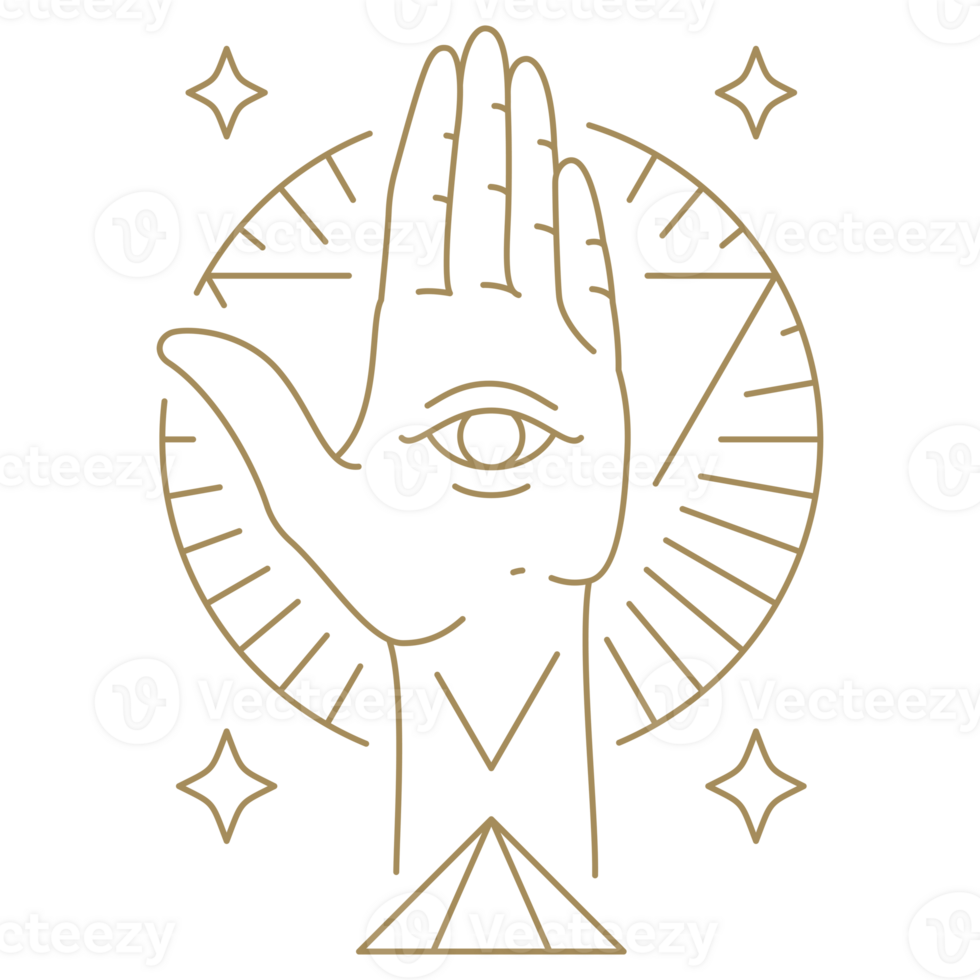Magic human palm with all seeing eye pyramid circle triangle frame with shining stars line icon png