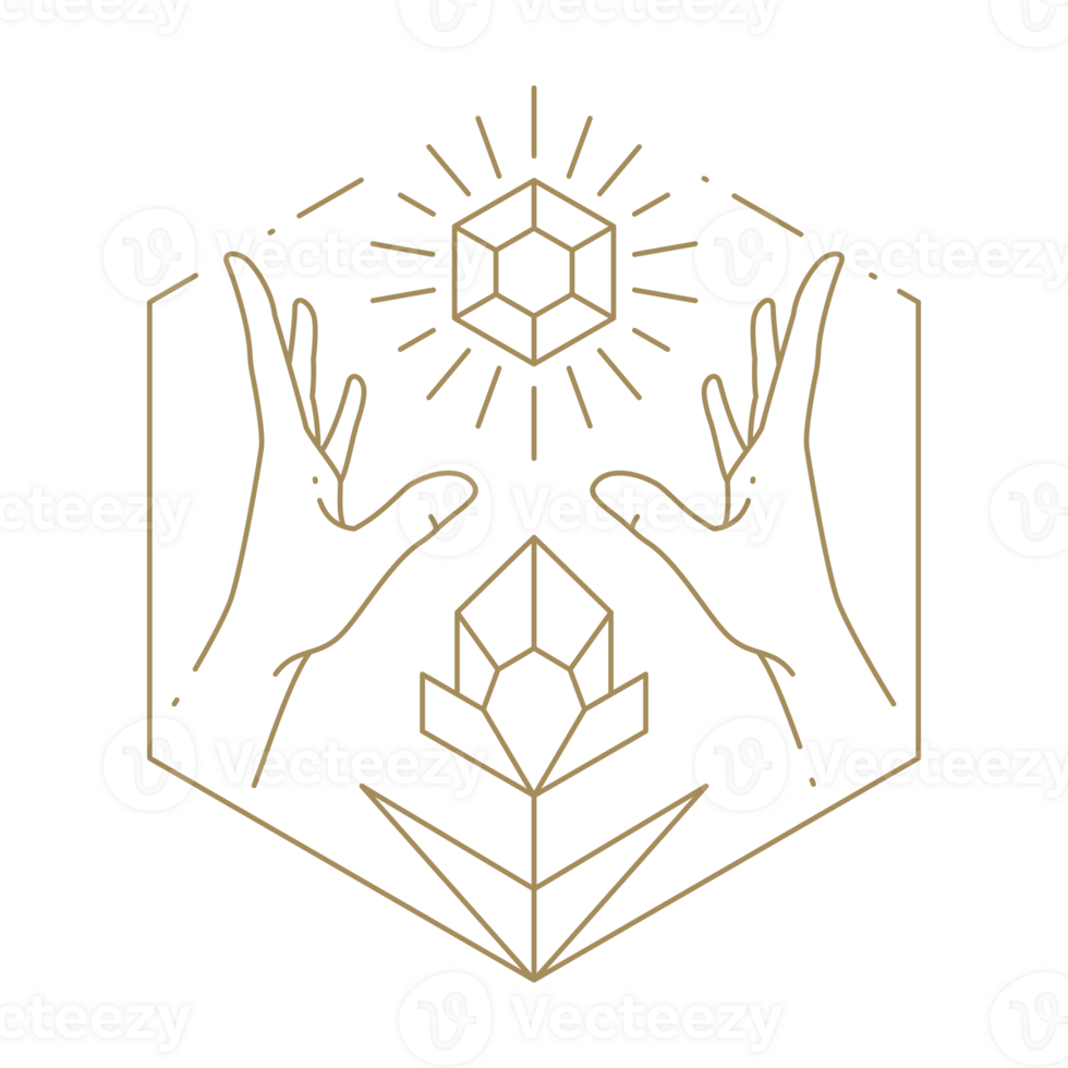 Magic human hands with bright natural gem jewelry botanical flower geometric frame line icon png
