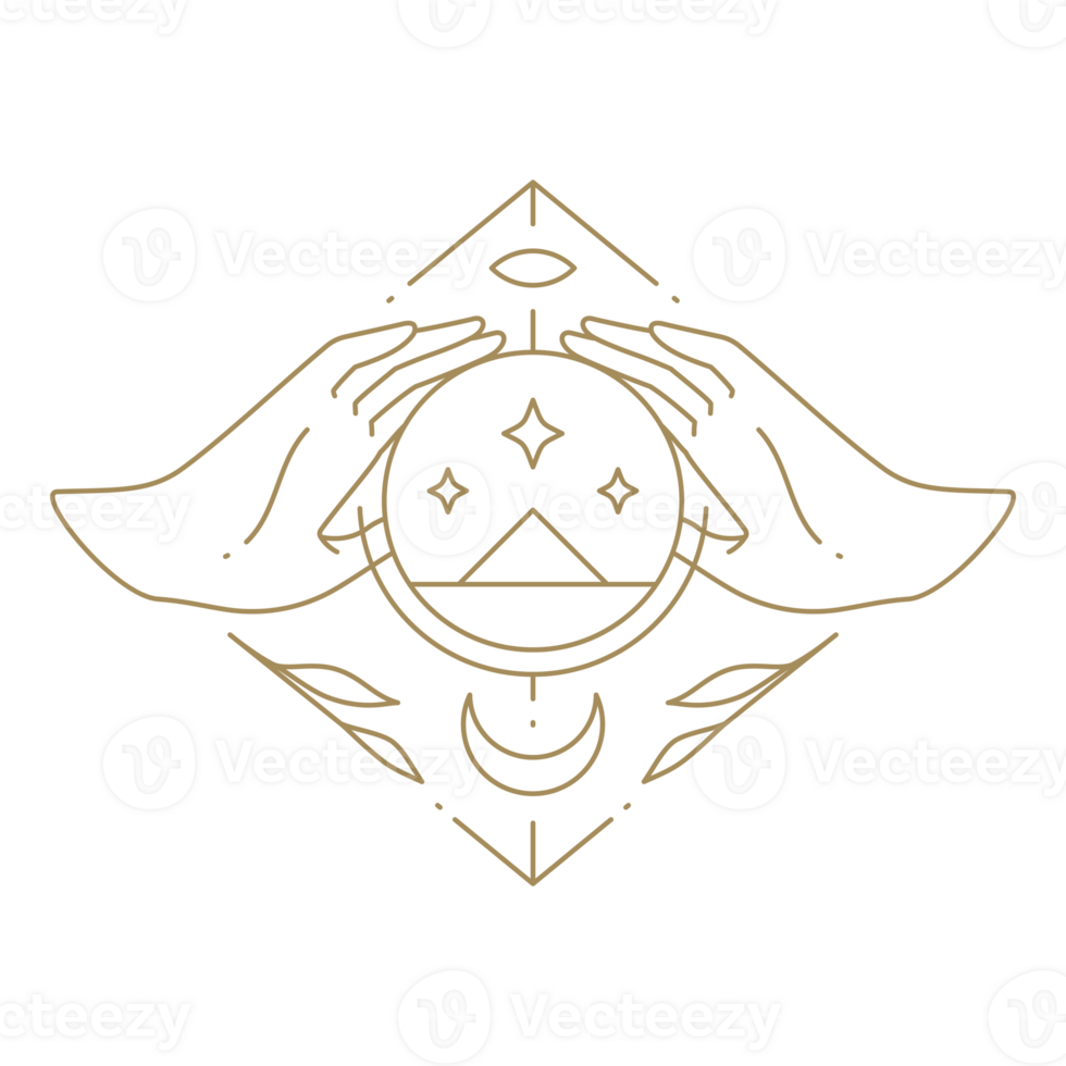 Spiritual human hands holding mythic occultism planet half moon and stars geometric line icon png