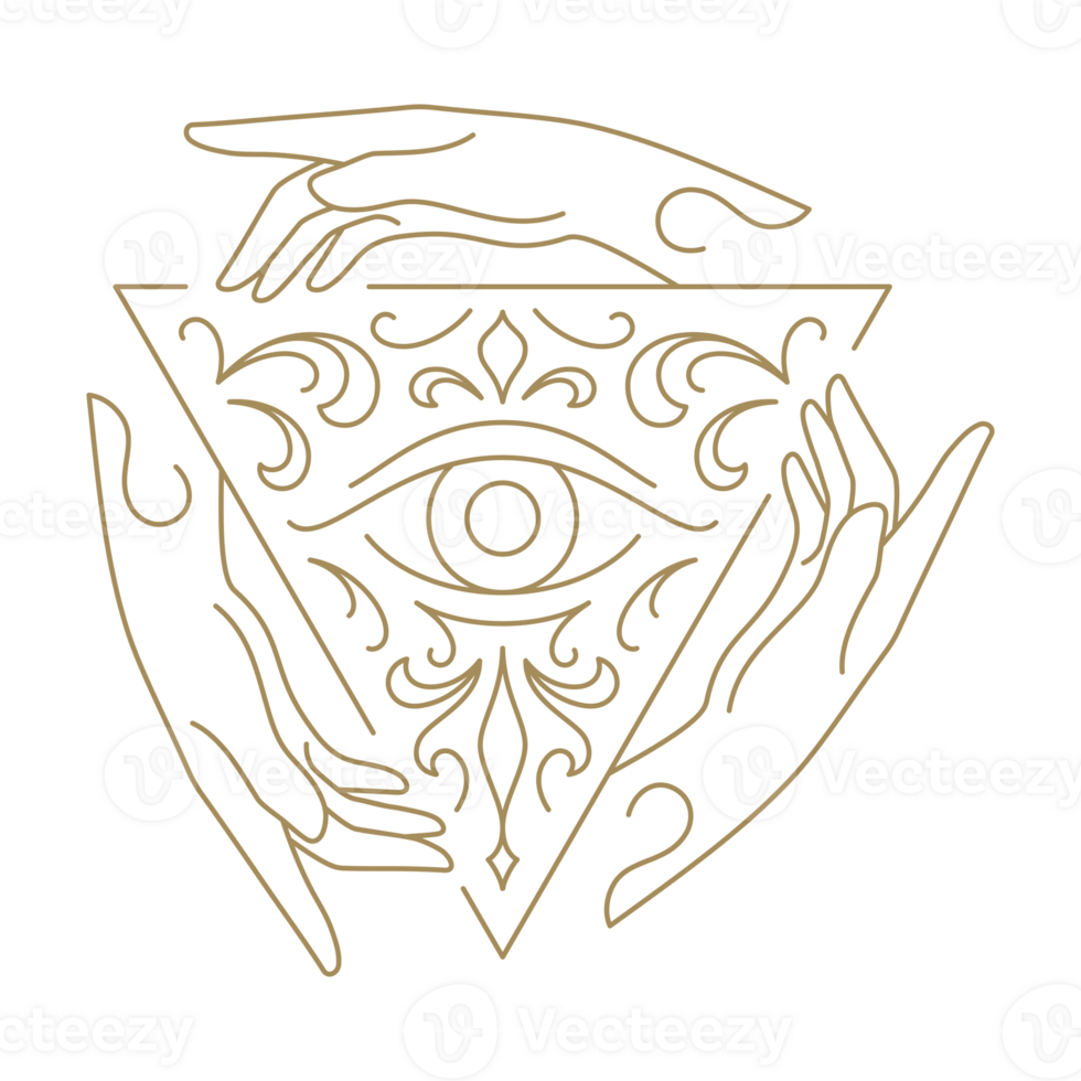 Magic human hands triangle curved frame occultism symbol with all seeing eye line art icon png