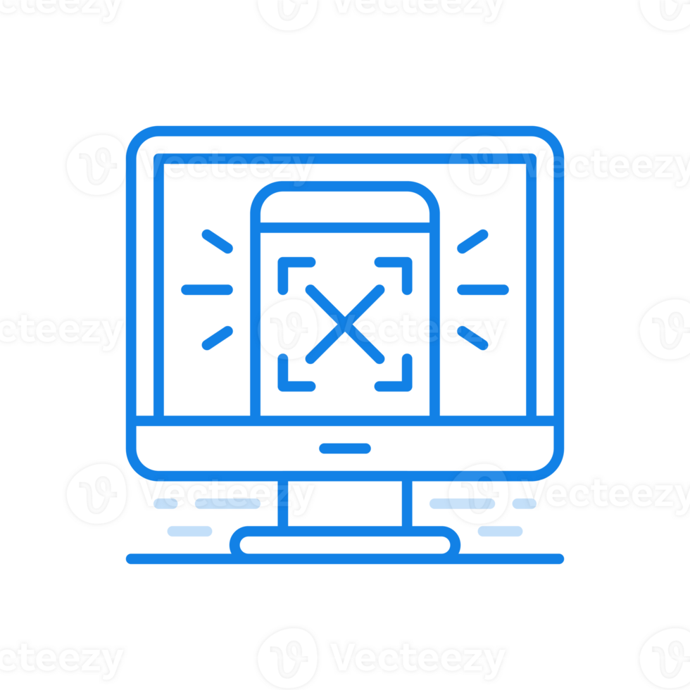 Online smart device authorization line icon. Smartphone on monitor screen with sight brackets. png